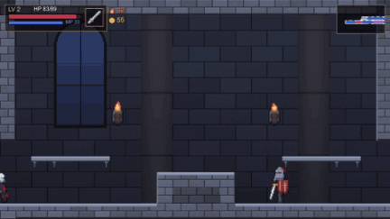 Gameplay: the Vigilant dodges and strikes the Iron Warden, an armoured, horned boss, in a stone hall.