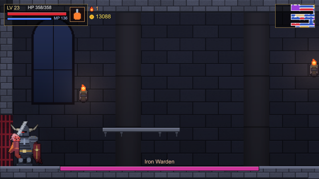 The Iron Warden, a horned knight with a red shield, in a dark stone hall.